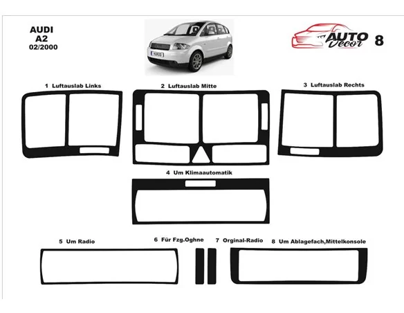 Audi A2 02.00-01.05 Inleg dashboard Interieurset aansluitend en pasgemaakt op he 8-Teile