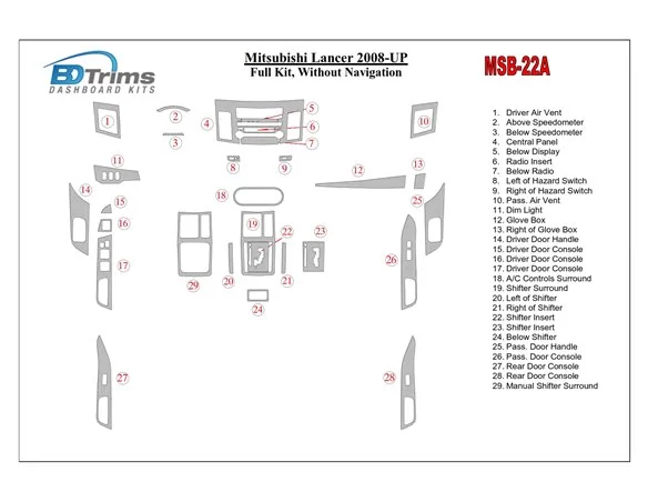 Car accessories Mitsubishi Lancer 2008-UP Full Set, Without NAVI Interior BD Dash Trim Kit