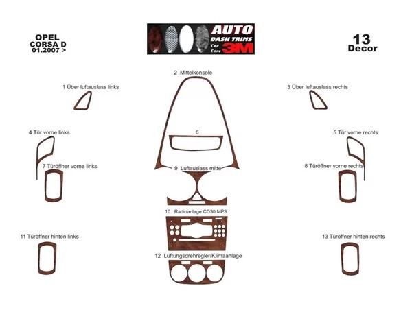 Opel Corsa D 01.2007 3D Interior Custom Dash Trim Kit 13-Parts