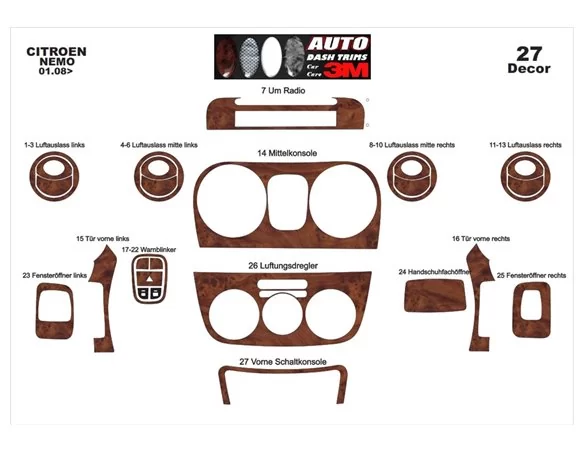 Citroen Nemo 01.2008 3D Interior Custom Dash Trim Kit 27-Parts
